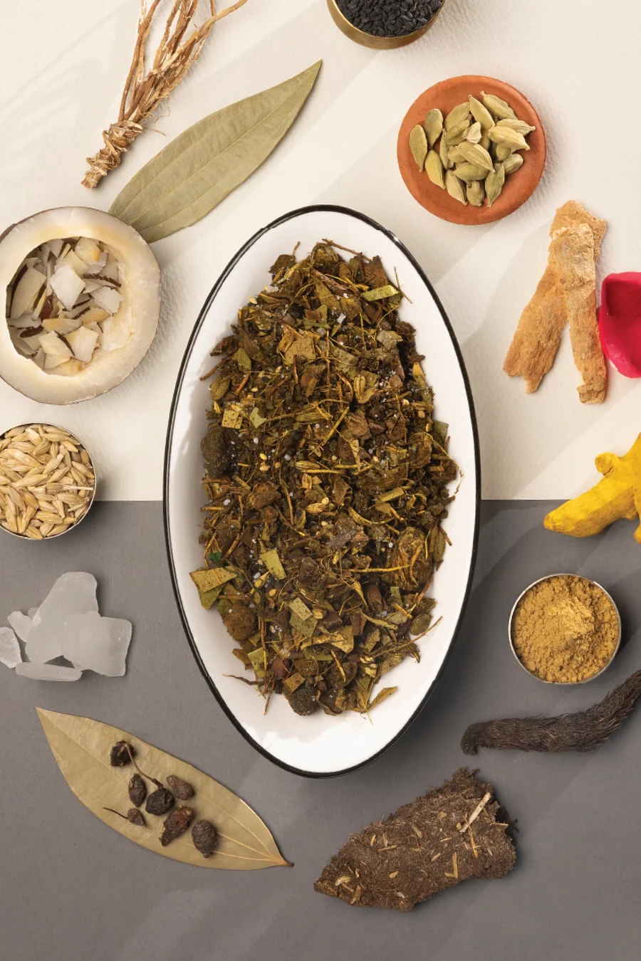 Havan samagri, herbs and resins laid out before mixing